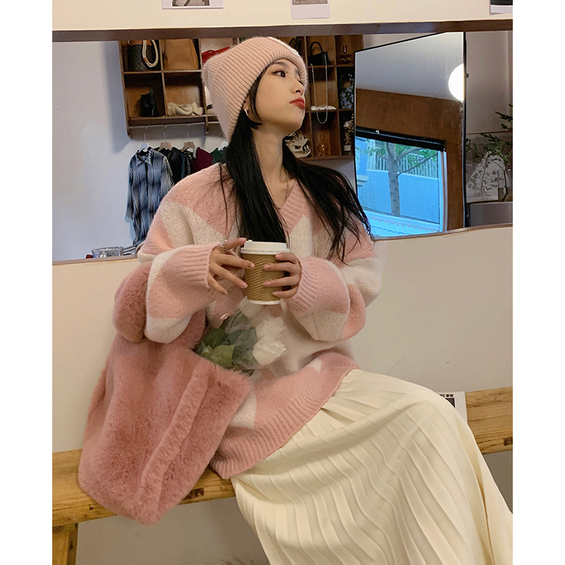 V-neck rhombus pink sweater for women, loose outer wear, lazy style, Japanese style, gentle and versatile sweater, autumn and winter top