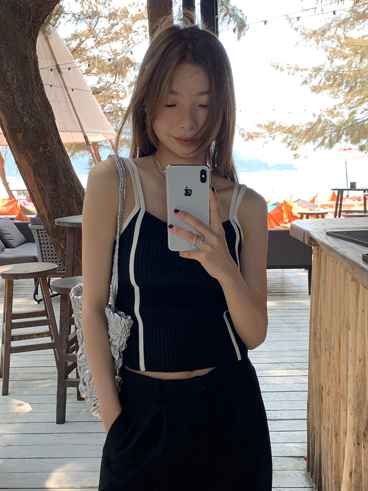 短款撞色雙肩帶背心女2024夏季新款性感辣妹修身顯瘦打底針織吊帶