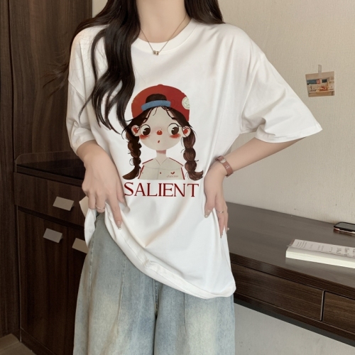 Real shot 100% cotton combed cotton summer short-sleeved T-shirt women's loose Korean style