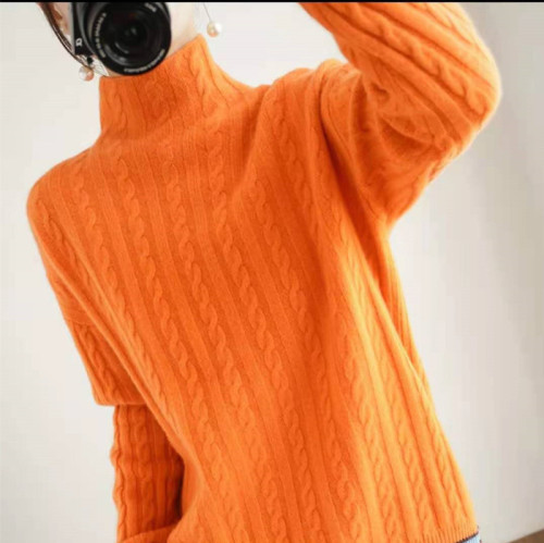 New Half Turtle Collar Cashmere Sweater Women's Pullover Thick Sweater Loose Lazy Contrast Color Knitted Wool Sweater