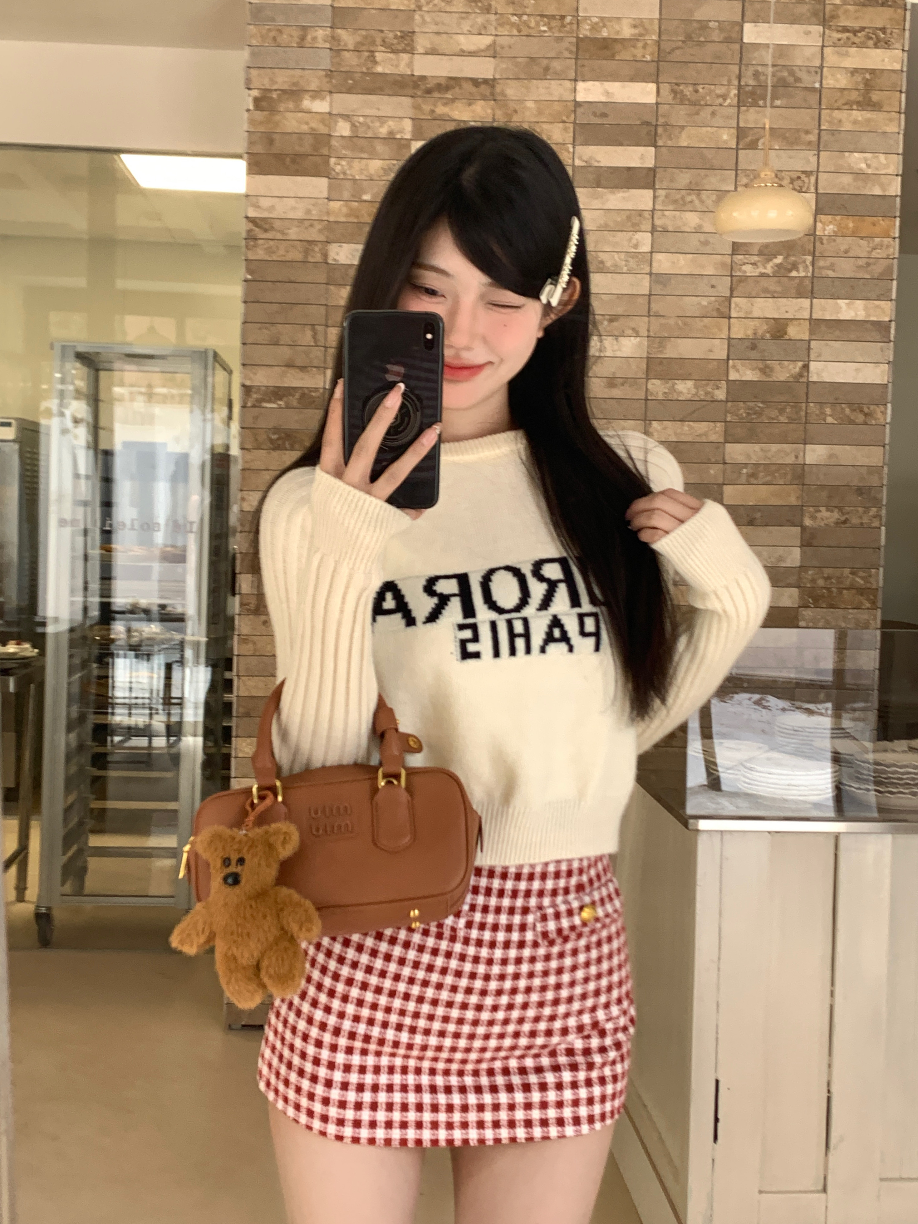 Real shot letter jacquard sweater autumn and winter small loose short long-sleeved sweater metal button top