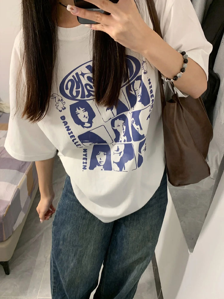 白色簡約人物字母印花短袖T恤女2024新款高級感寬鬆減齡百搭上衣