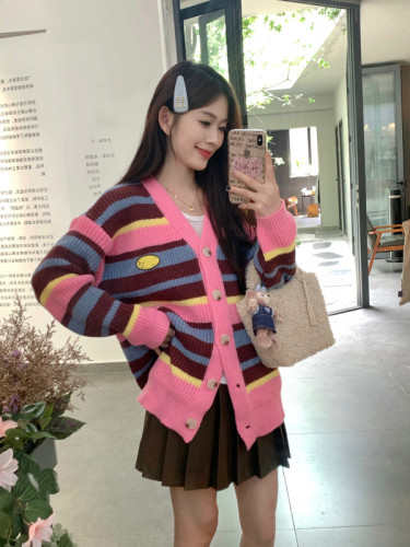 Real shot of dopamine colorful striped knitted cardigan for women with design sexy fufu sweet sweater cardigan jacket