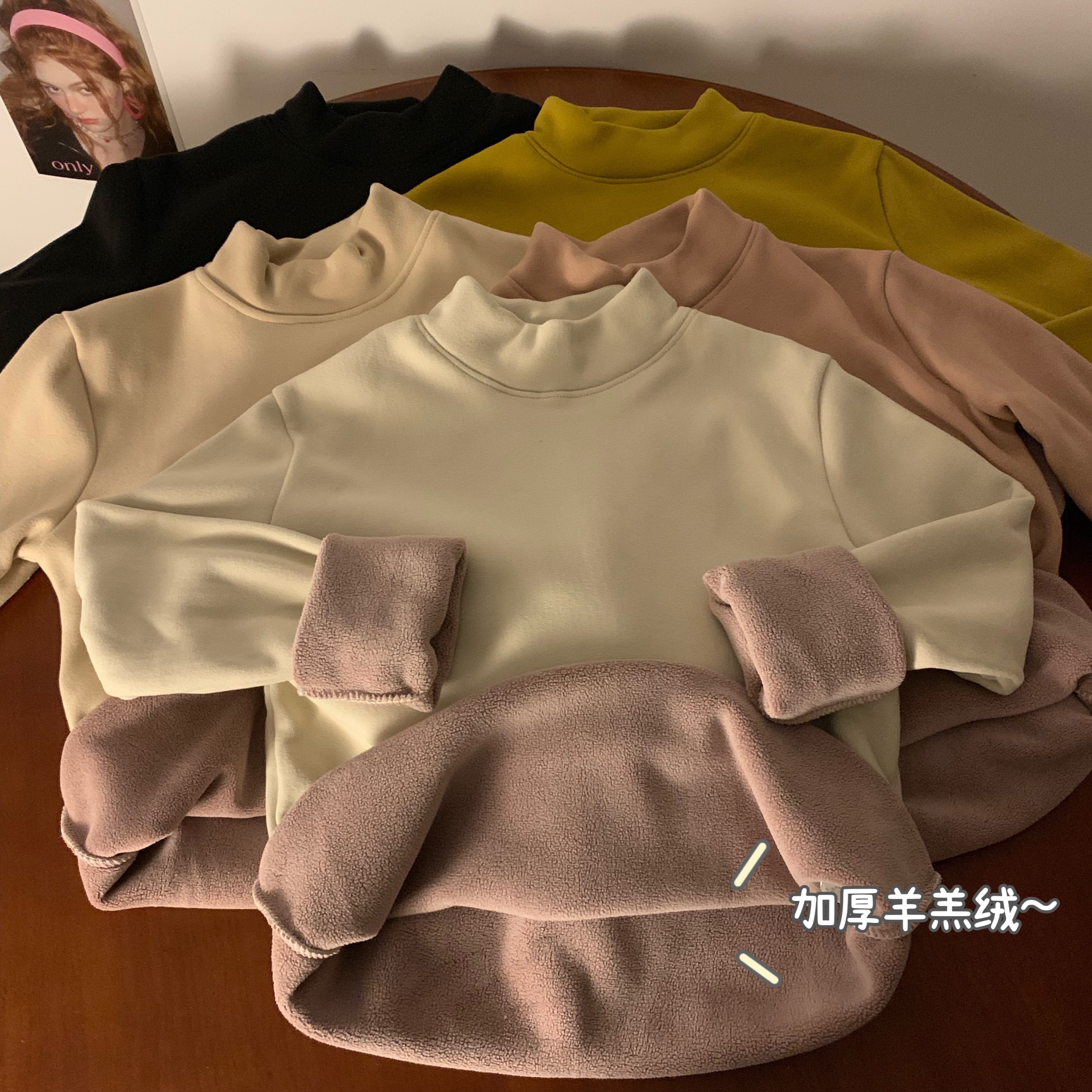 Real shot of autumn and winter imitation sherpa plus velvet thickened top half turtleneck long-sleeved bottoming shirt with T-shirt underneath for women