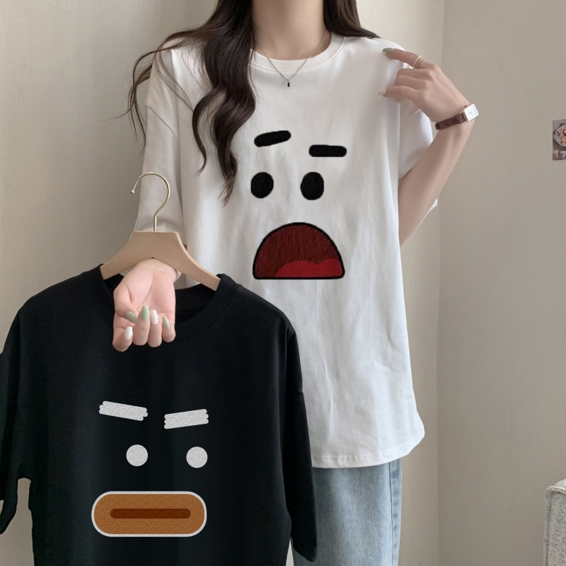 Real shot 100% cotton combed cotton printed summer short-sleeved T-shirt women's loose Korean style