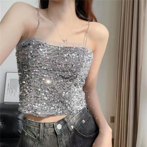Pure lust sexy sparkling sequined small camisole with 2024 spring new French sweet and spicy short slimming top