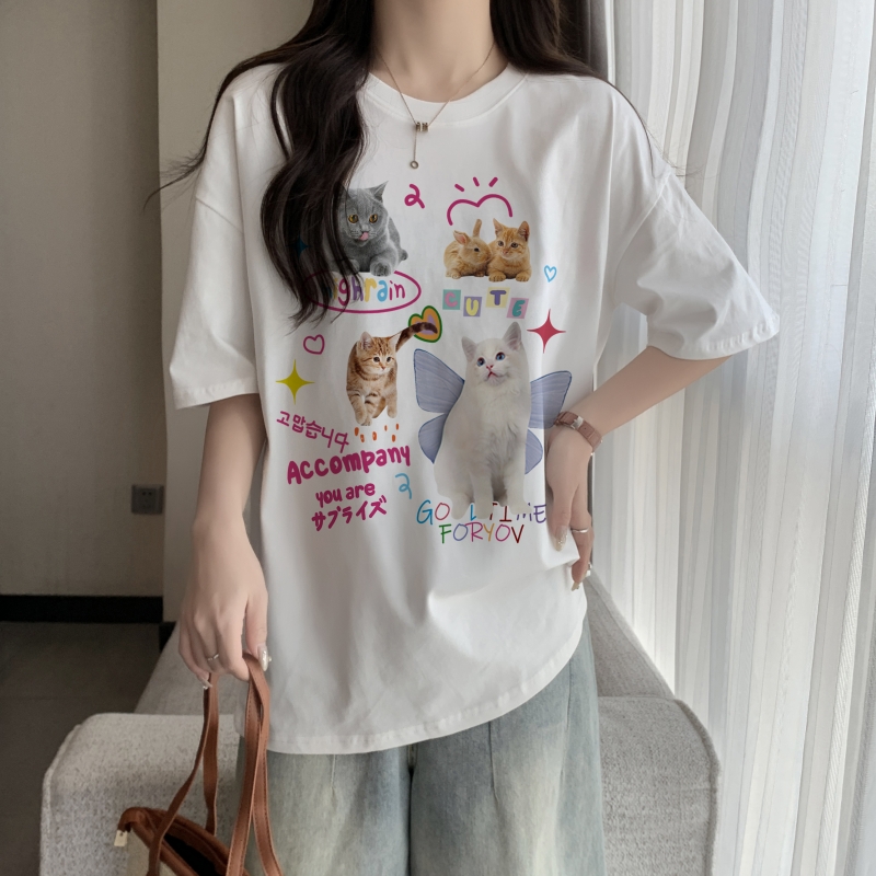 Real shot 100% cotton combed cotton printed summer short-sleeved T-shirt women's loose Korean style