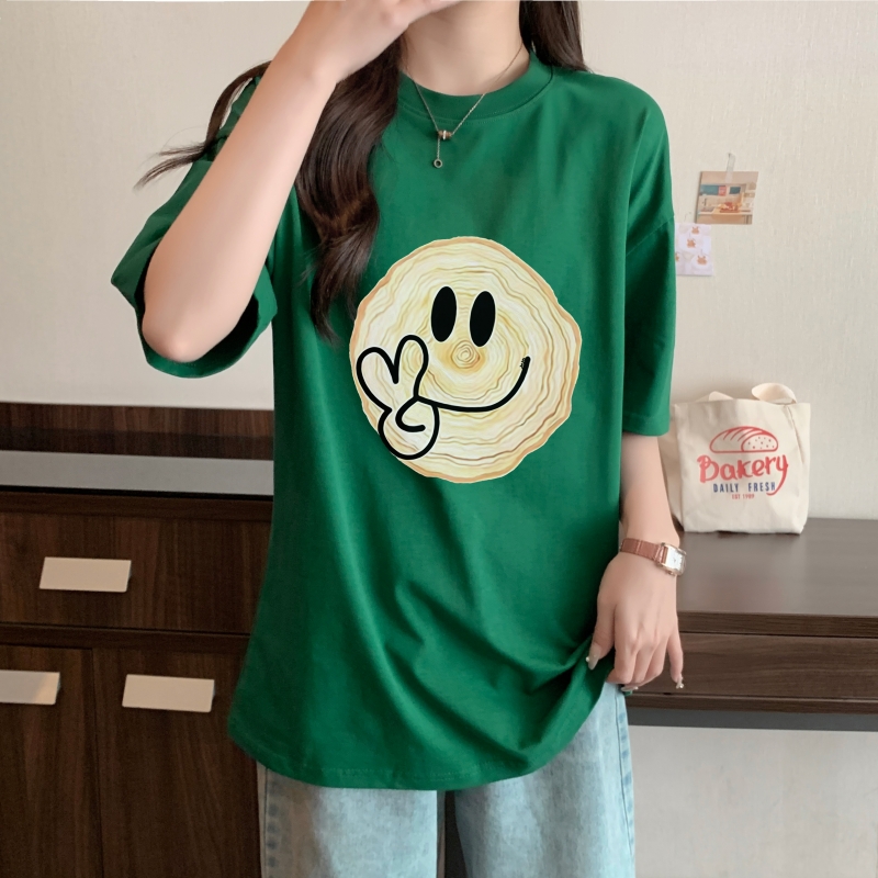 Real shot 100% cotton combed cotton printed summer short-sleeved T-shirt women's loose Korean style