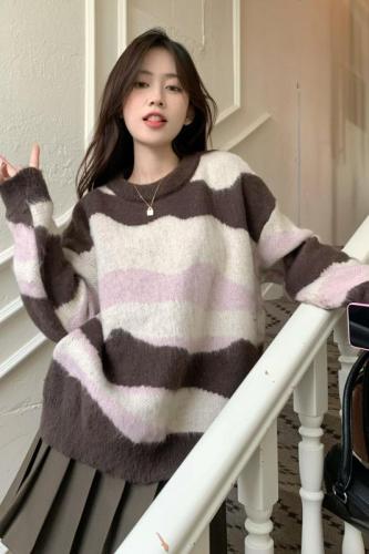 Real shot of lazy style soft and waxy retro knitted striped sweater for women loose autumn and winter design top