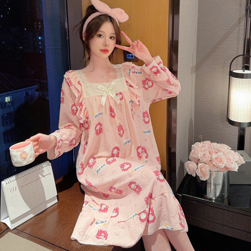 Spring and autumn new wrinkled fabric pajamas for women, sweet ins style long-sleeved mid-length nightgown plus weight 240 pounds, can be worn at home