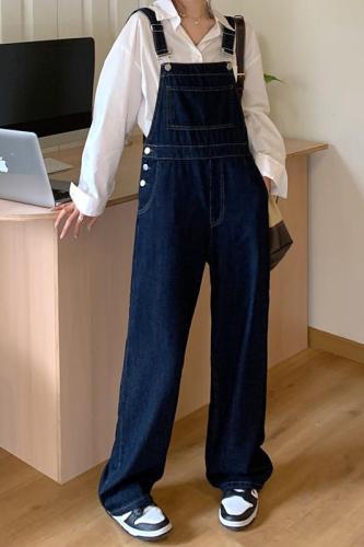 Actual shot of 2024 spring new retro Korean style casual college slim denim suspenders straight trousers