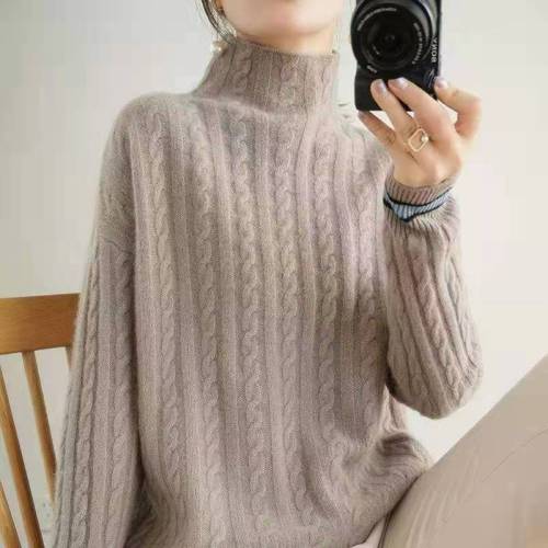 New Half Turtle Collar Cashmere Sweater Women's Pullover Thick Sweater Loose Lazy Contrast Color Knitted Wool Sweater