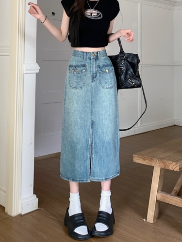 Actual shot #New high-waisted denim skirt for women, front slit, A-line hip-covering mid-length skirt