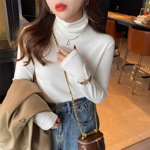 Powerful high-neck bottoming shirt for women in autumn and winter, long-sleeved T-shirt, slim fit and versatile, stylish pile-neck top