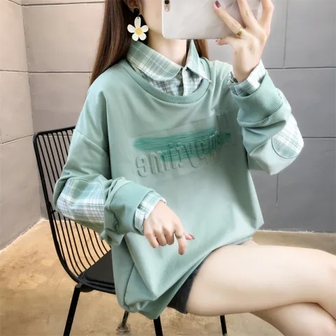 首發實拍6535魚鱗 春季新款衛衣女薄款長袖假兩件polo大碼女裝