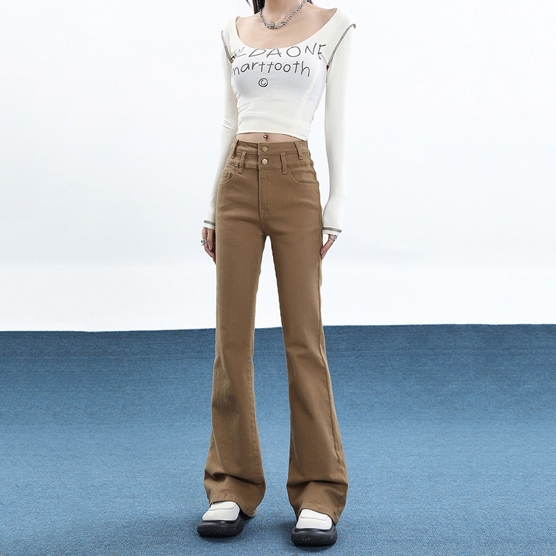 Real time photo of micro La spicy girl long pants, high waisted jeans, spring 2024 new slimming straight leg slimming long pants trend
