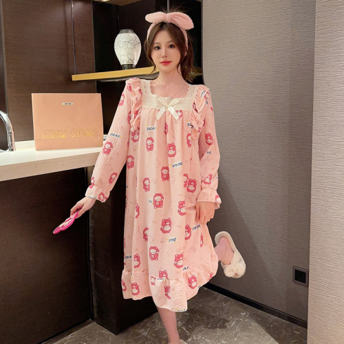 Spring and autumn new wrinkled fabric pajamas for women, sweet ins style long-sleeved mid-length nightgown plus weight 240 pounds, can be worn at home