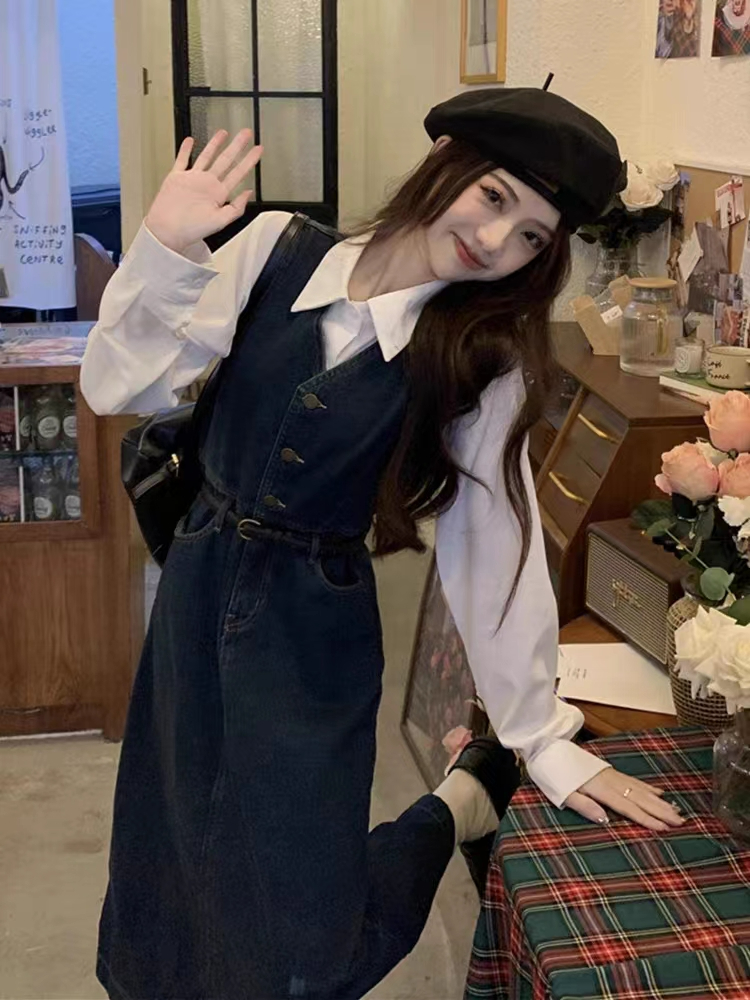 吊帶連衣裙套裝牛仔背心裙子女秋季小香風白色襯衫休閒兩件套上衣