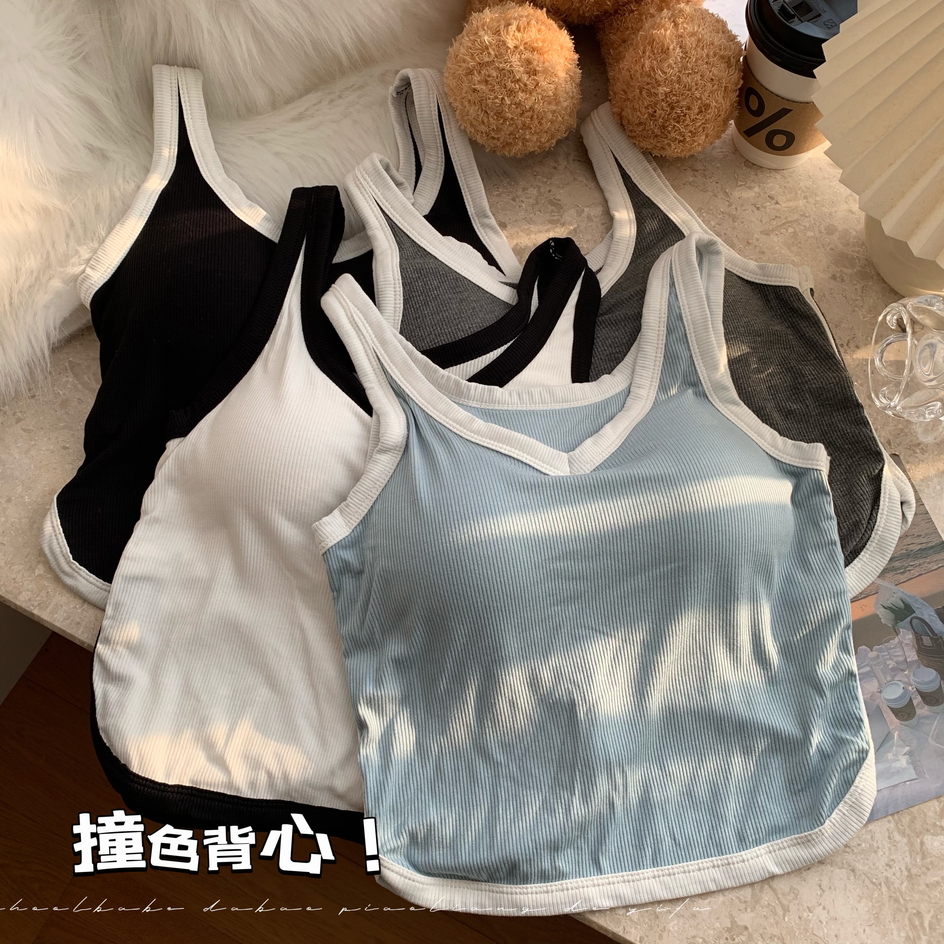 Actual shot of Korean style versatile camisole with breast pads, sleeveless inner and back-wearing sports top for women