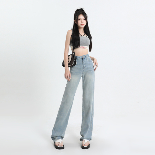 Actual shot of 2024 early spring silk jeans for women, high-waisted floor-length mopping straight loose ice silk pants