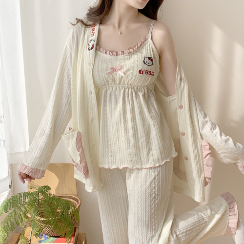 Aishang three-piece set with chest pad 2024 spring and autumn Korean version new pajamas women's jacquard sweet home wear set