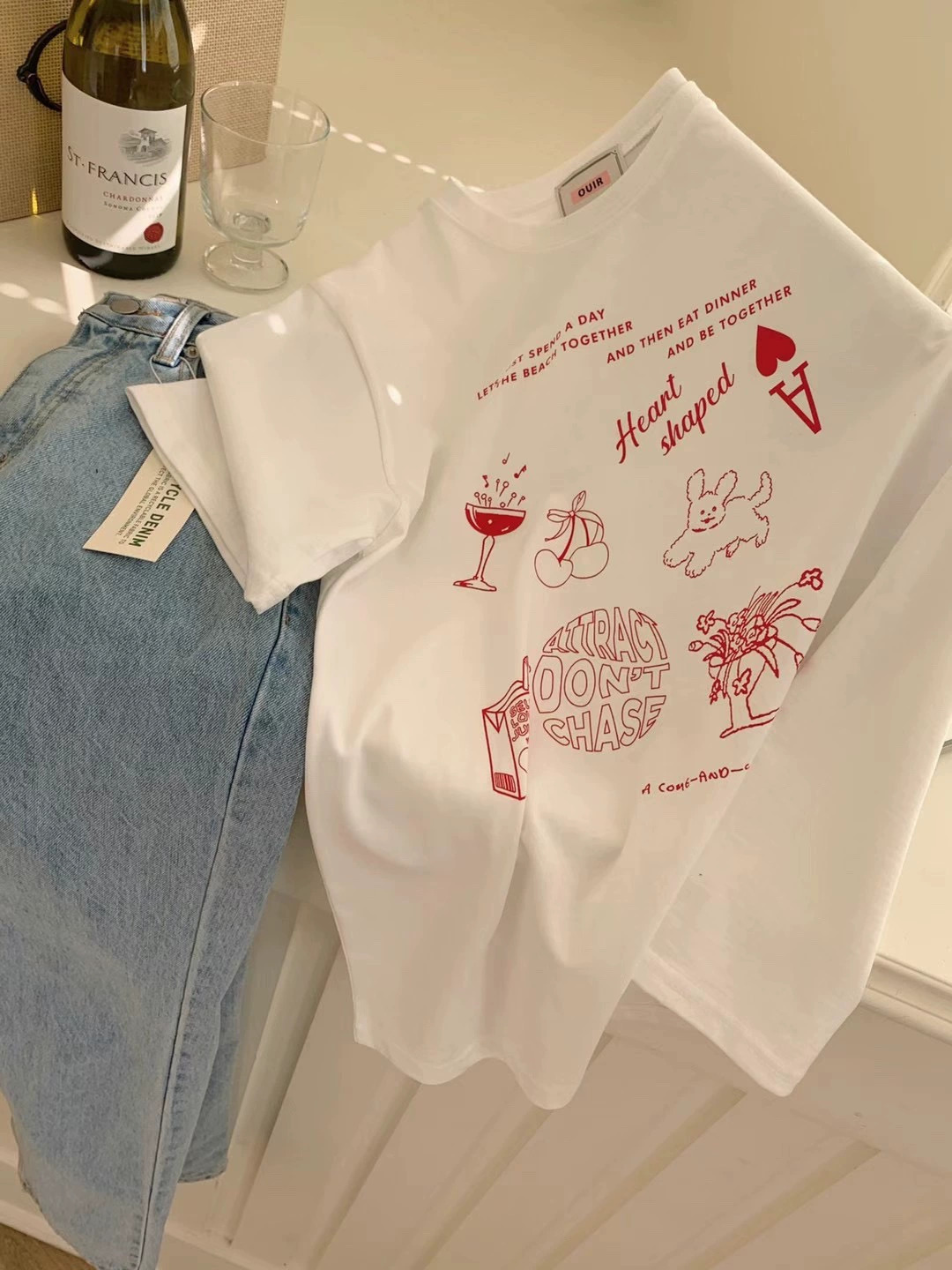 Official photo Heavy/combed cotton Back collar Seamed S-XXXL Summer short-sleeved T-shirt for women