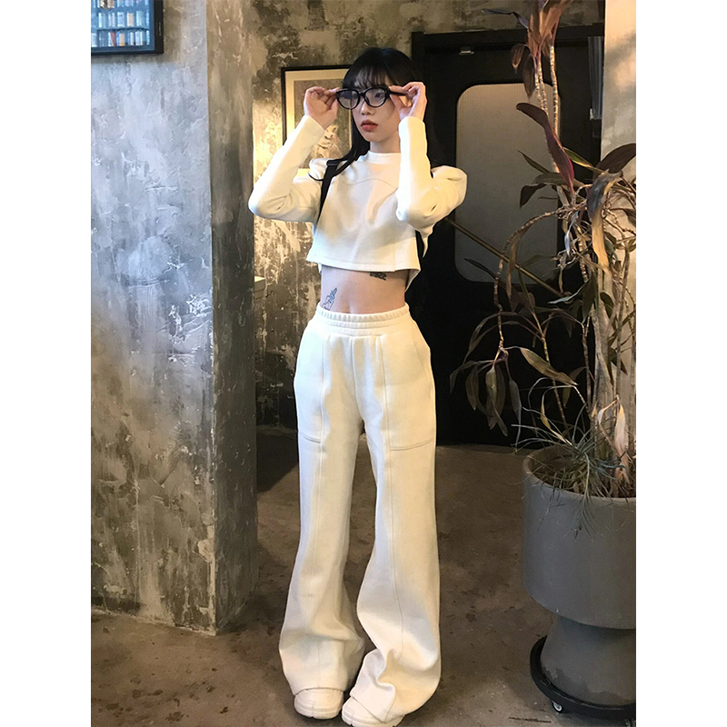 慵懶風闊腿褲女冬季白色拖地垂感高級感衛褲寬鬆運動休閒褲