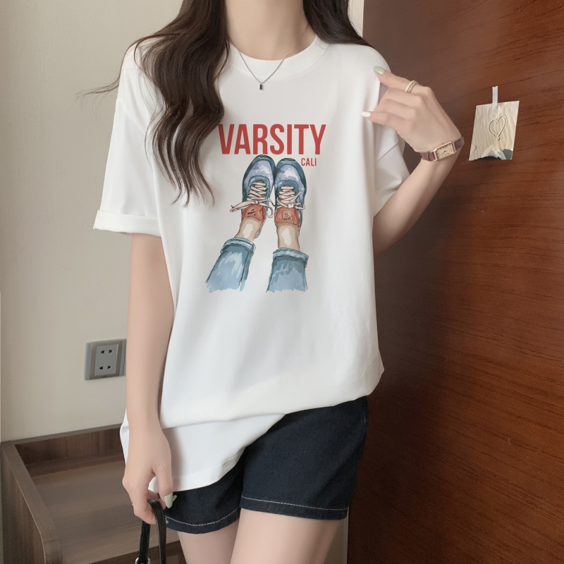 Real shot 2024 spring and summer new style 100% cotton combed cotton printed summer short-sleeved T-shirt women's loose Korean style