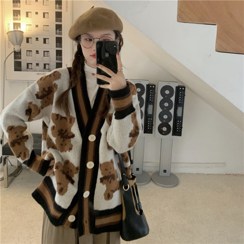 Actual shot of bear sweater jacket for women in autumn Korean style loose lazy style knitted cardigan