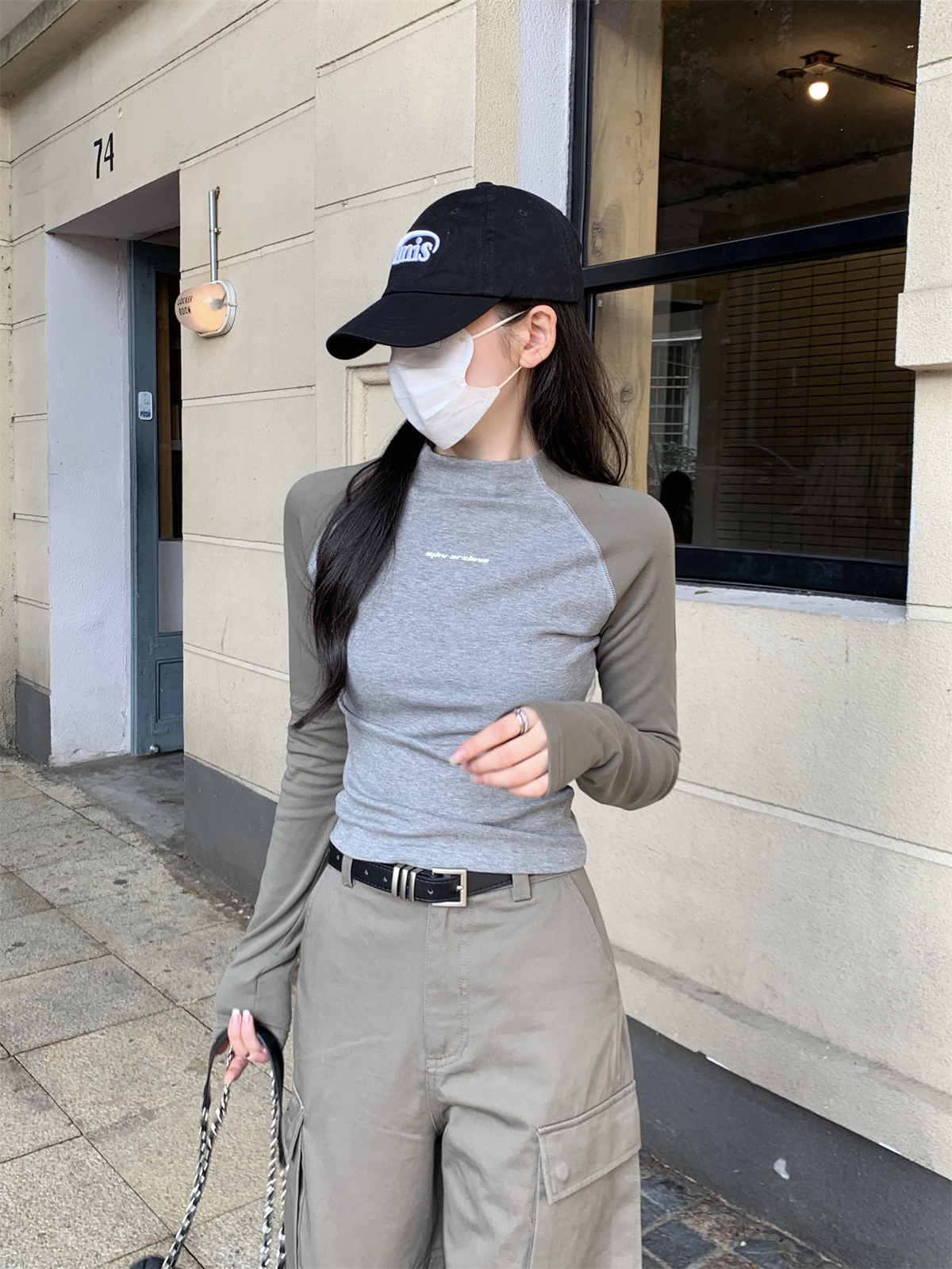 Real shot 2024 early spring slim fit contrasting raglan hot girl design slimming pure cotton long-sleeved T-shirt women's top