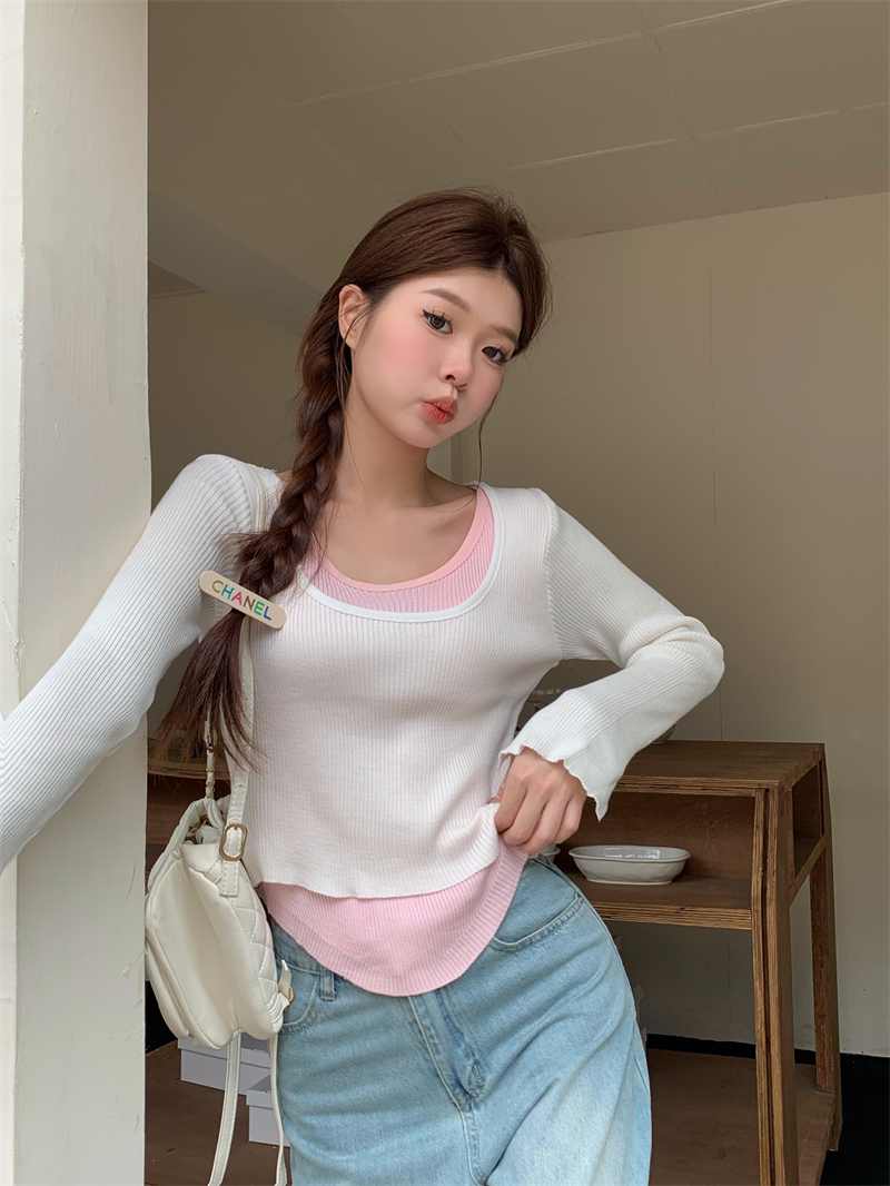 Real shot of design niche round neck autumn and winter bottoming long-sleeved T-shirt women's new fake two-piece color matching top