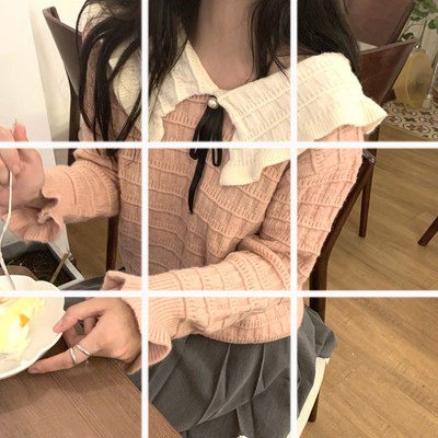 韓版新款純色寬鬆百搭娃娃領甜美套頭針織毛衣上衣