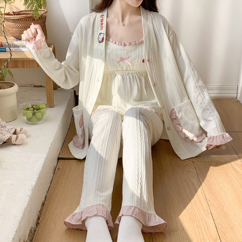 Aishang three-piece set with chest pad 2024 spring and autumn Korean version new pajamas women's jacquard sweet home wear set