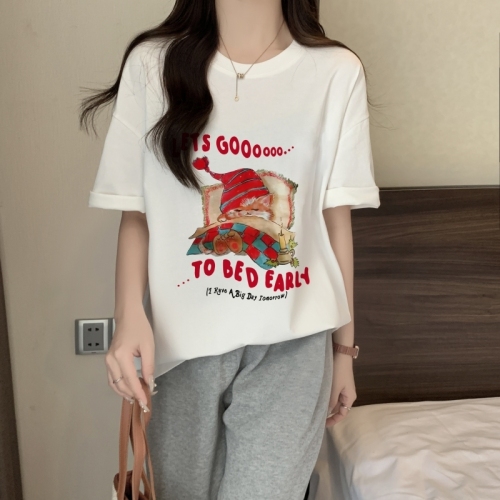 Real shot 100% cotton combed cotton printed summer short-sleeved T-shirt women's loose Korean style