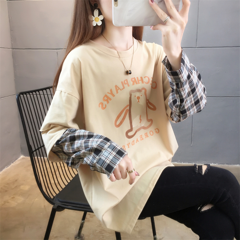 首發實拍6535棉春季新款圓領衛衣女薄款長袖假兩件T恤大碼女裝