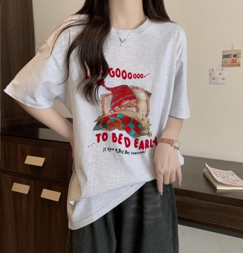 Real shot 100% cotton combed cotton printed summer short-sleeved T-shirt women's loose Korean style