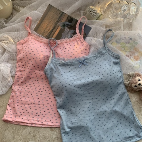 Actual shot of 2024 spring style sweet bow lace camisole for women Korean style inner hot girl top