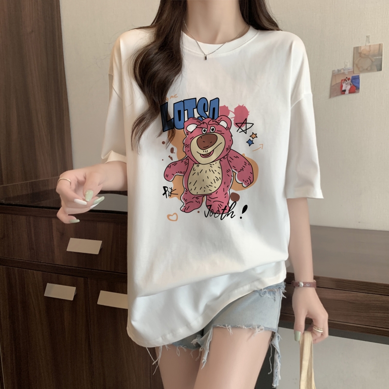 實拍 2024年春夏新款 100%棉精梳純棉 印花夏裝短袖T恤女寬鬆韓版