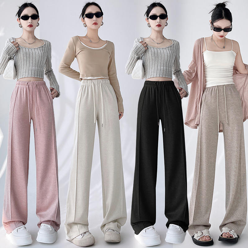 Real shot of narrow wide-leg pants for women 2024 spring new style drapey casual pants for small people high-waisted straight glutinous rice pants