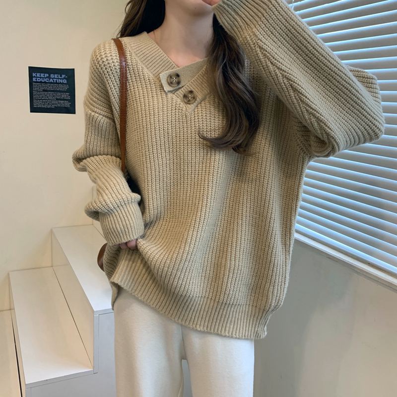 V-neck sweater women's loose autumn and winter new women's clothing with lazy style design niche bottoming sweater