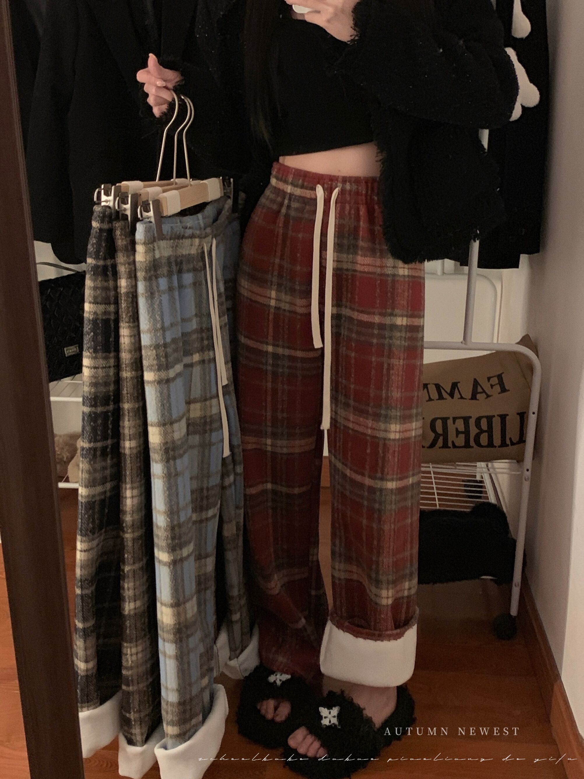 Real shot of autumn and winter velvet thickened red plaid pants high waist slim straight casual casual versatile wide leg pants