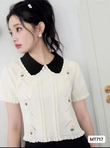 New Korean style small fresh lapel embroidered flower slimming short-sleeved top for women