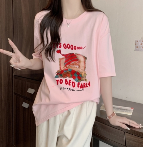 Real shot 100% cotton combed cotton printed summer short-sleeved T-shirt women's loose Korean style