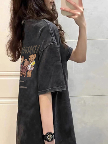 Official picture pure cotton cartoon printed short-sleeved T-shirt women's medium-long new summer age-reducing loose design top