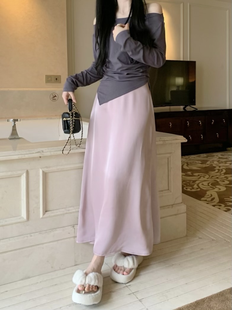 Actual shot of the new Korean style high-waist slim casual acetate satin super drape A-line long skirt