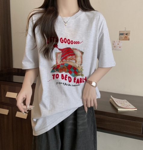 Real shot 100% cotton combed cotton printed summer short-sleeved T-shirt women's loose Korean style