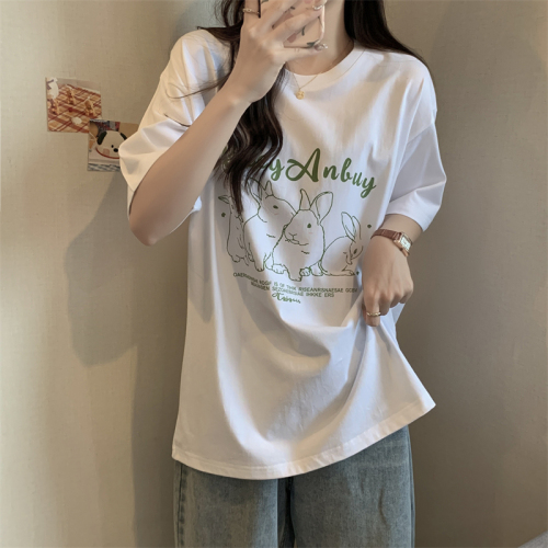 Real shot 100% cotton 200g combed cotton summer short-sleeved T-shirt women's loose Korean style