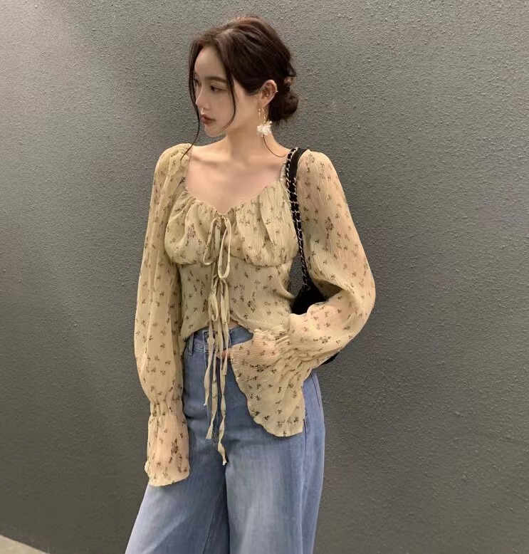 尺碼已更新chic春季法式浪漫碎花長袖襯衫女系帶褶皺防曬上衣