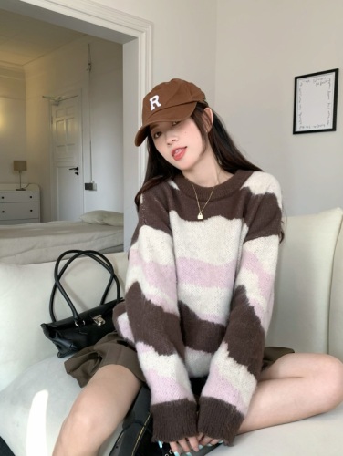 Real shot of lazy style soft and waxy retro knitted striped sweater for women loose autumn and winter design top