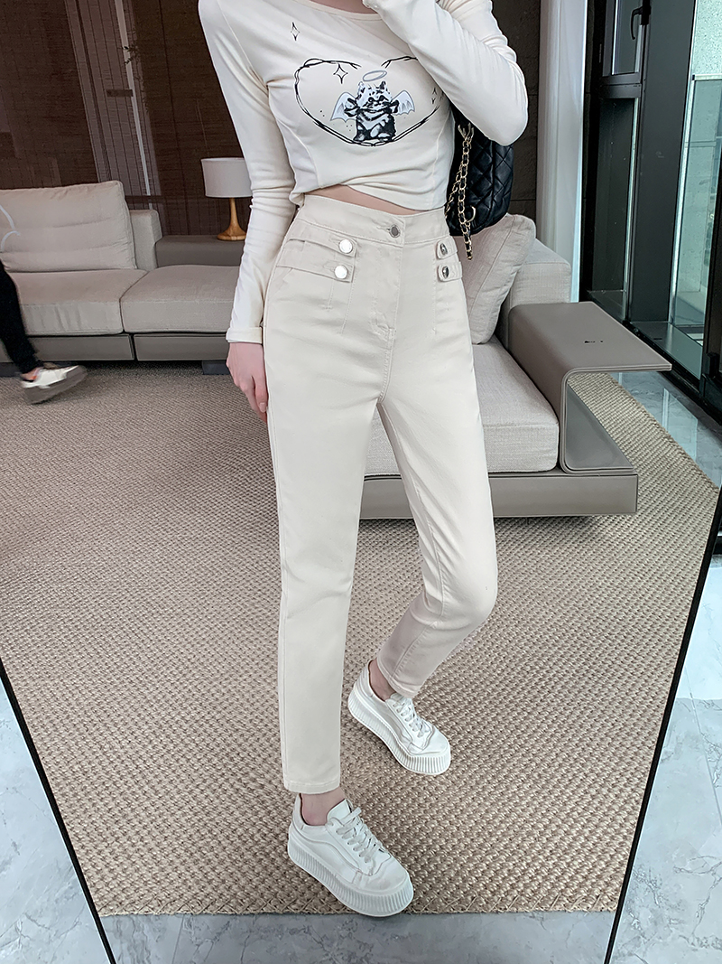 實拍 春秋韓系高腰小腳褲扣袢裝飾牛仔褲女2024新款修身顯瘦長褲